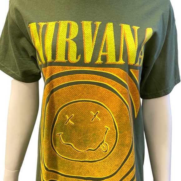 NWOT NIRVANA Smiley Face Logo Tshirt in Army Green, size Medium - Picture 5 of 8